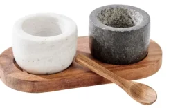 Marble Saleiro Com Colher E Suporte Preto, Branco, Natural