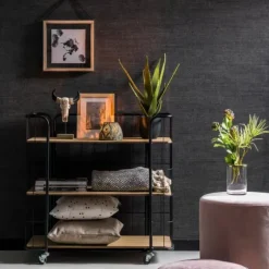 Oslo Estante Com Rodas 3 Prateleiras Preto, Natural